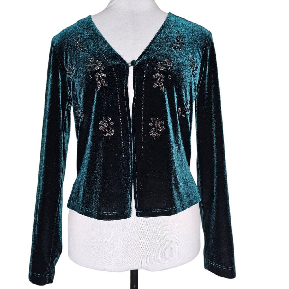 ❤️Vintage 90s 6 Velvet Cardigan Green Beaded One Button Whimsigoth Fairy Grunge